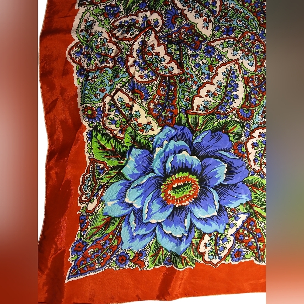 Vintage Silk Floral Scarf W Red Border - Picture 2 of 4